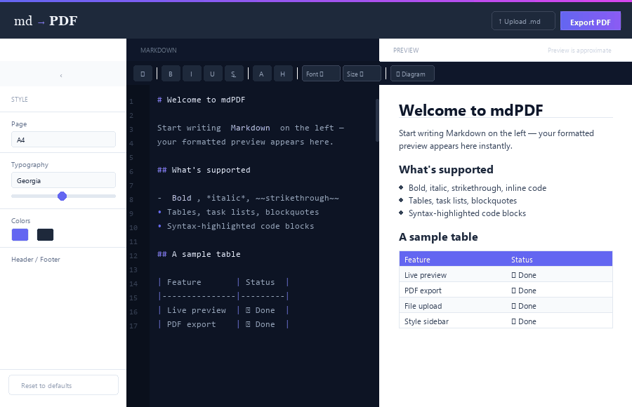 mdPDF desktop app demo